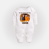 Our First BhaiDooj Together Fullbody Suit – happy siblings hugging. - WHITE - New Born (Chest 7.5")