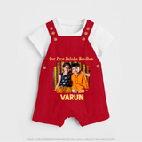 Our First BhaiDooj Together Dungaree – happy siblings hugging. - RED - 0 - 5 Months Old (Chest 18")