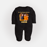Our First BhaiDooj Together Fullbody Suit – happy siblings hugging. - BLACK - New Born (Chest 7.5")