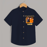 Our First BhaiDooj Together Shirt – happy siblings hugging. - NAVY BLUE - 0 - 6 Months Old (Chest 23")