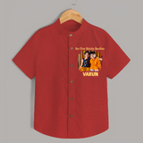 Our First BhaiDooj Together Shirt – happy siblings hugging. - RED - 0 - 6 Months Old (Chest 23")