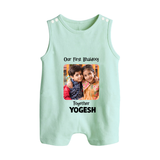 My First Rakhi Baby Girl Cute Graphic Button Romper – baby with my first rakhi illustration. - MINT GREEN - New Born (Chest 18")