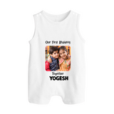 My First Rakhi Baby Girl Cute Graphic Button Romper – baby with my first rakhi illustration. - WHITE - New Born (Chest 18")