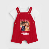 My First Rakhi Baby Girl Cute Graphic Dungaree – baby with my first rakhi illustration. - RED - 0 - 5 Months Old (Chest 18")