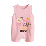 My First Rakhi Baby Boy Cute Graphic Button Romper – baby with “my first rakhi” illustration. - BABY PINK - New Born (Chest 18")