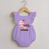 My First Rakhi Baby Boy Cute Graphic Romper Frock – baby with “my first rakhi” illustration. - LILAC - 0 - 3 Months Old (Chest 19")
