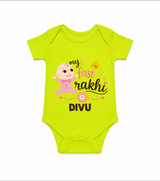 My First Rakhi Baby Boy Cute Graphic Romper – baby with “my first rakhi” illustration. - LIME GREEN - New Born (Chest 14")