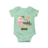 My First Rakhi Baby Boy Cute Graphic Romper – baby with “my first rakhi” illustration. - MINT GREEN - New Born (Chest 14")