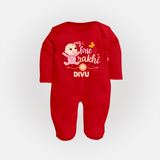 My First Rakhi Baby Boy Cute Graphic Fullbody Suit – baby with “my first rakhi” illustration. - RED - New Born (Chest 7.5")