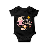 My First Rakhi Baby Boy Cute Graphic Romper – baby with “my first rakhi” illustration. - BLACK - New Born (Chest 14")
