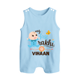 Happy Rakhi Baby Siblings Graphic Button Romper – playful sibling interaction with Rakhi. - BABY BLUE - New Born (Chest 18")