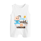 Happy Rakhi Baby Siblings Graphic Button Romper – playful sibling interaction with Rakhi. - WHITE - New Born (Chest 18")