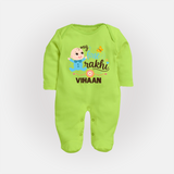 Happy Rakhi Baby Siblings Graphic Fullbody Suit – playful sibling interaction with Rakhi. - LIME GREEN - New Born (Chest 7.5")