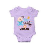 Happy Rakhi Baby Siblings Graphic Romper – playful sibling interaction with Rakhi. - LILAC - New Born (Chest 14")