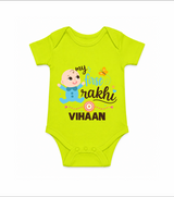 Happy Rakhi Baby Siblings Graphic Romper – playful sibling interaction with Rakhi. - LIME GREEN - New Born (Chest 14")