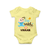 Happy Rakhi Baby Siblings Graphic Romper – playful sibling interaction with Rakhi. - PASTEL YELLOW - New Born (Chest 14")