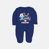 Happy Rakhi Baby Siblings Graphic Fullbody Suit – playful sibling interaction with Rakhi. - NAVY BLUE - New Born (Chest 7.5")