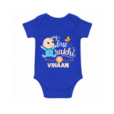 Happy Rakhi Baby Siblings Graphic Romper – playful sibling interaction with Rakhi. - COBALT BLUE - New Born (Chest 14")