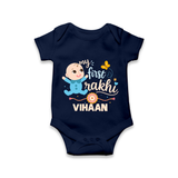 Happy Rakhi Baby Siblings Graphic Romper – playful sibling interaction with Rakhi. - NAVY BLUE - New Born (Chest 14")
