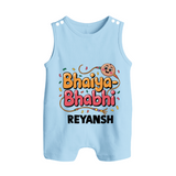 Bhaiya-Bhabhi Fun Rakhi Print Button Romper – cartoon style with “Bhaiya-Bhabhi” text and playful elements. - BABY BLUE - New Born (Chest 18")