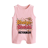 Bhaiya-Bhabhi Fun Rakhi Print Button Romper – cartoon style with “Bhaiya-Bhabhi” text and playful elements. - BABY PINK - New Born (Chest 18")