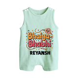 Bhaiya-Bhabhi Fun Rakhi Print Button Romper – cartoon style with “Bhaiya-Bhabhi” text and playful elements. - MINT GREEN - New Born (Chest 18")