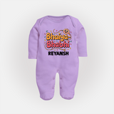 Bhaiya-Bhabhi Fun Rakhi Print Fullbody Suit – cartoon style with “Bhaiya-Bhabhi” text and playful elements. - LILAC - New Born (Chest 7.5")