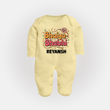 Bhaiya-Bhabhi Fun Rakhi Print Fullbody Suit – cartoon style with “Bhaiya-Bhabhi” text and playful elements. - PASTEL YELLOW - New Born (Chest 7.5")