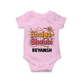 Bhaiya-Bhabhi Fun Rakhi Print Romper – cartoon style with “Bhaiya-Bhabhi” text and playful elements. - BABY PINK - New Born (Chest 14")