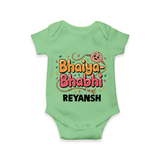 Bhaiya-Bhabhi Fun Rakhi Print Romper – cartoon style with “Bhaiya-Bhabhi” text and playful elements. - GREEN - New Born (Chest 14")