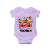 Bhaiya-Bhabhi Fun Rakhi Print Romper – cartoon style with “Bhaiya-Bhabhi” text and playful elements. - LILAC - New Born (Chest 14")