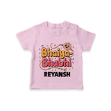 Bhaiya-Bhabhi Fun Rakhi Print TShirt – cartoon style with “Bhaiya-Bhabhi” text and playful elements. - BABY PINK - 0-5 Months Old (Chest 17")