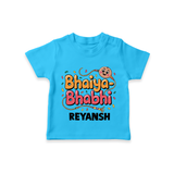Bhaiya-Bhabhi Fun Rakhi Print TShirt – cartoon style with “Bhaiya-Bhabhi” text and playful elements. - SKY BLUE - 0-5 Months Old (Chest 17")