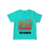 Bhaiya-Bhabhi Fun Rakhi Print TShirt – cartoon style with “Bhaiya-Bhabhi” text and playful elements. - TEAL - 0-5 Months Old (Chest 17")