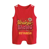 Bhaiya-Bhabhi Fun Rakhi Print Button Romper – cartoon style with “Bhaiya-Bhabhi” text and playful elements. - RED - New Born (Chest 18")