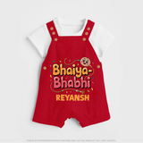Bhaiya-Bhabhi Fun Rakhi Print Dungaree – cartoon style with “Bhaiya-Bhabhi” text and playful elements. - RED - 0 - 5 Months Old (Chest 18")