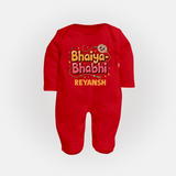 Bhaiya-Bhabhi Fun Rakhi Print Fullbody Suit – cartoon style with “Bhaiya-Bhabhi” text and playful elements. - RED - New Born (Chest 7.5")