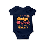 Bhaiya-Bhabhi Fun Rakhi Print Romper – cartoon style with “Bhaiya-Bhabhi” text and playful elements. - NAVY BLUE - New Born (Chest 14")