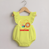 Gift & Rakhi Heart Print Romper Frock – heart-shaped rakhi with gifts illustration. - PASTEL YELLOW - 0 - 3 Months Old (Chest 19")