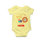 Gift & Rakhi Heart Print Romper – heart-shaped rakhi with gifts illustration. - PASTEL YELLOW - New Born (Chest 14")