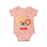 Gift & Rakhi Heart Print Romper – heart-shaped rakhi with gifts illustration. - PEACH - New Born (Chest 14")