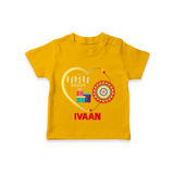 Gift & Rakhi Heart Print TShirt – heart-shaped rakhi with gifts illustration. - CHROME YELLOW - 0-5 Months Old (Chest 17")