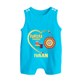 Gift & Rakhi Heart Print Button Romper – heart-shaped rakhi with gifts illustration. - SKY BLUE - New Born (Chest 18")