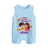 Brother-Sister Rakhi Bond Print Button Romper – kids celebrating together with rakhi illustration. - BABY BLUE - New Born (Chest 18")