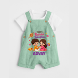 Brother-Sister Rakhi Bond Print Dungaree – kids celebrating together with rakhi illustration. - MINT GREEN - 0 - 5 Months Old (Chest 18")