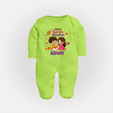 Brother-Sister Rakhi Bond Print Fullbody Suit – kids celebrating together with rakhi illustration. - LIME GREEN - New Born (Chest 7.5")