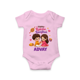 Brother-Sister Rakhi Bond Print Romper – kids celebrating together with rakhi illustration. - BABY PINK - New Born (Chest 14")