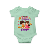 Brother-Sister Rakhi Bond Print Romper – kids celebrating together with rakhi illustration. - MINT GREEN - New Born (Chest 14")