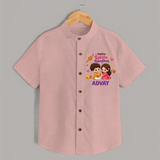Brother-Sister Rakhi Bond Print Shirt – kids celebrating together with rakhi illustration. - PEACH - 0 - 6 Months Old (Chest 23")