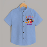 Brother-Sister Rakhi Bond Print Shirt – kids celebrating together with rakhi illustration. - SKY BLUE - 0 - 6 Months Old (Chest 23")